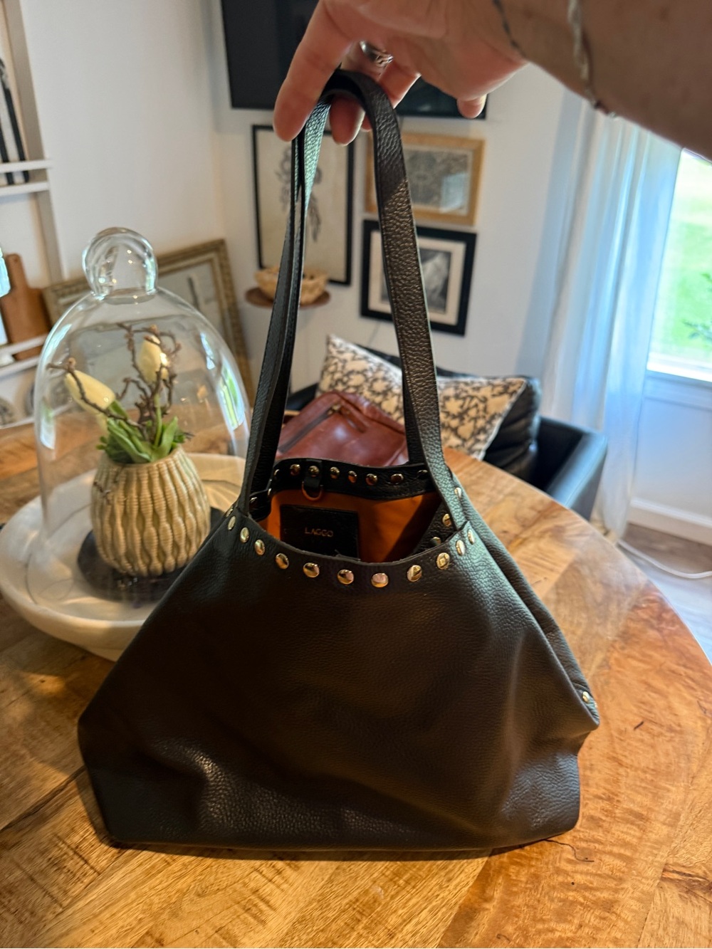 LAGGO Remy Black Pebbled Leather
Studded Hobo Tote Bag